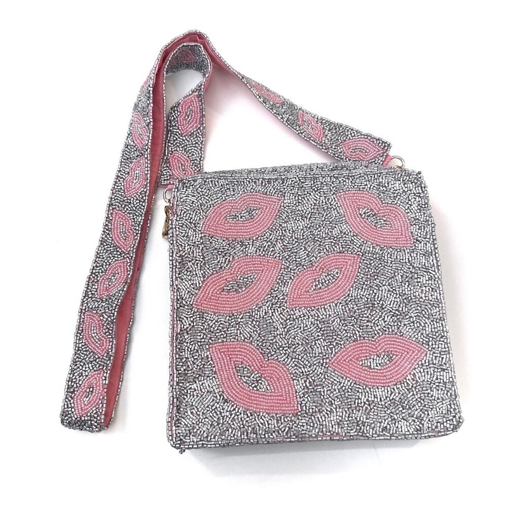 Silver Beaded Crossbody Bag with Pink Lips